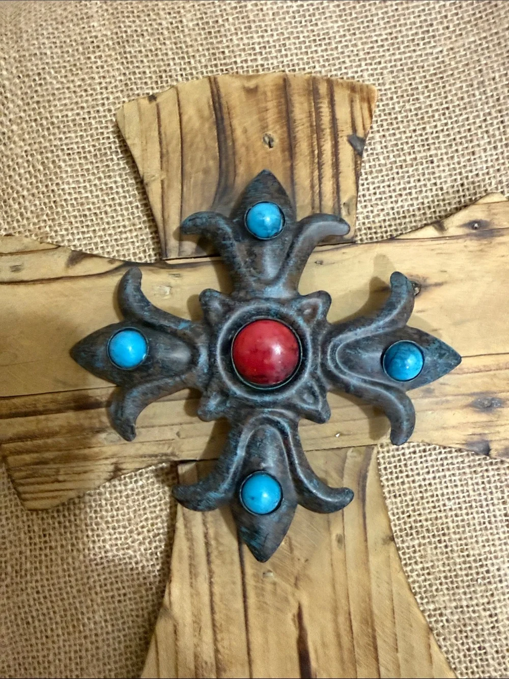 Wooden Decorative Wall Cross with Turquoise and Red Accents and Barn Wood